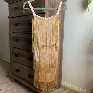 Roaring 20s Gatsby Flapper Girl Fringe Tassel Gold Party Dress Charleston Small